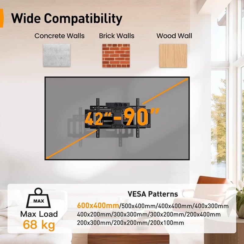 Perlegear PGLF11 fekete teljesen mozgatható TV fali konzol tápkábellel 42-90 hüvelykig, 68 kg, VESA 600x400, döntés forgás kihúzás