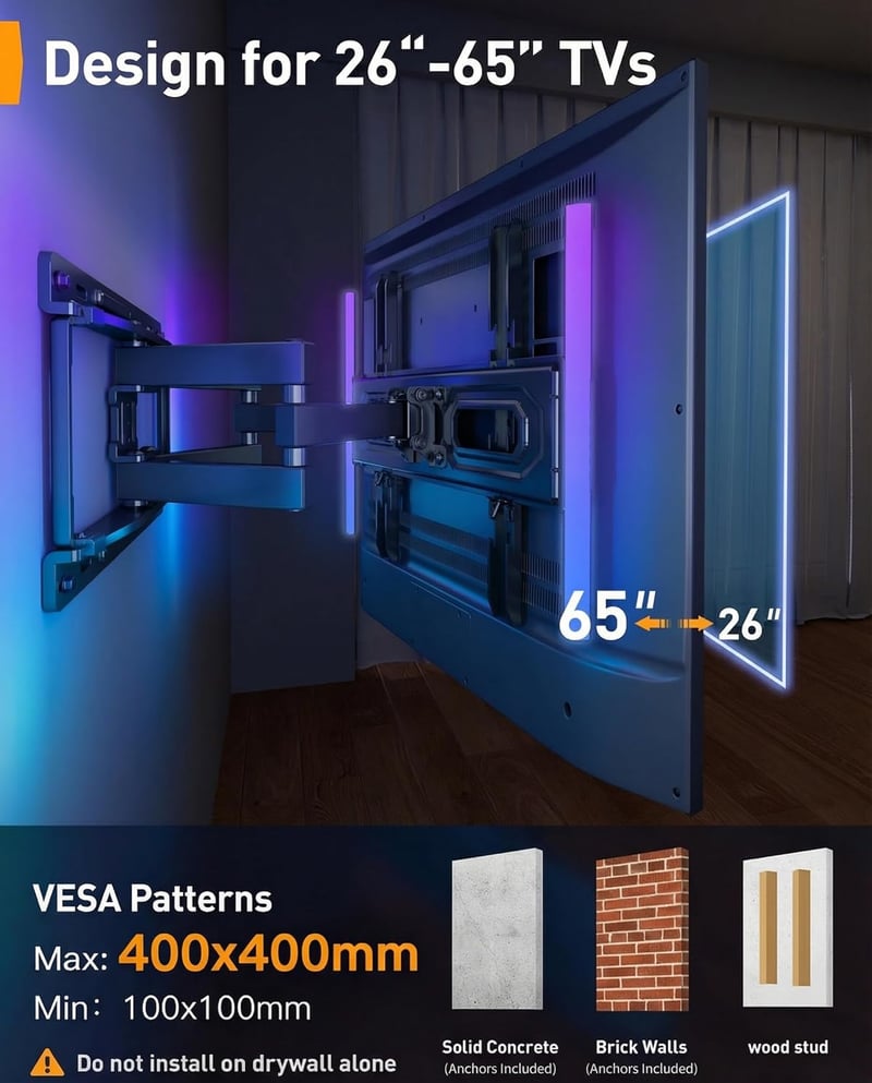 Perlegear PGMF20 TV fali tartó LED világítással 26-65 colos tévéhez, 45 kg terhelhetőség