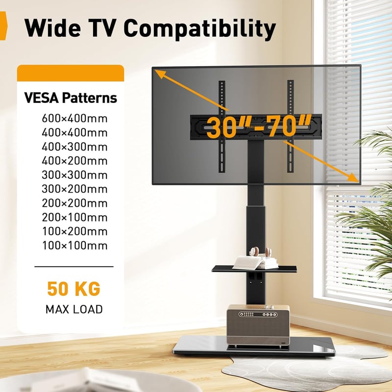 Perlegear TV állvány 30-70 colos tévéhez, dönthető, forgó, magasságállítható polccal