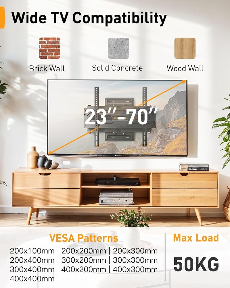 Perlegear TV fali konzol 23-70 colos, 50 kg-ig, állítható magasság, gyors döntés, 55 colos forgatható, max VESA 400x400