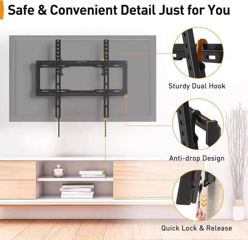 Perlegear TV Fali Tartó 26-55 Colos Lapos és Ívelt Televíziókhoz, 60 kg Teherbírás, VESA 400x400 mm Kompatibilis Monitorokhoz