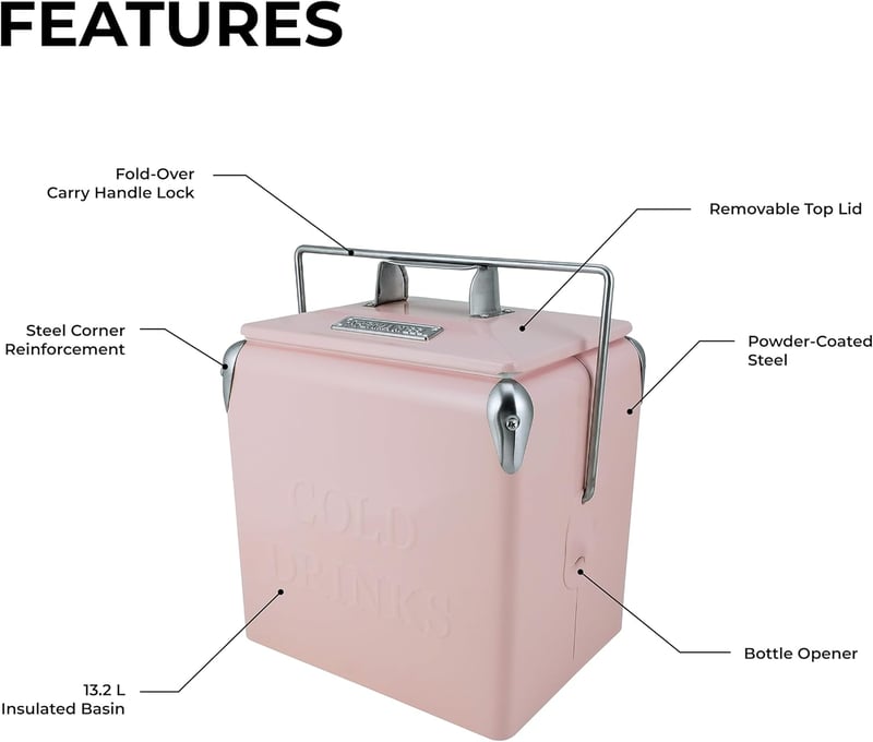 Permasteel Hordozható Hűtőbox 13L Retro Piknik Cooler Utazáshoz - pink, S