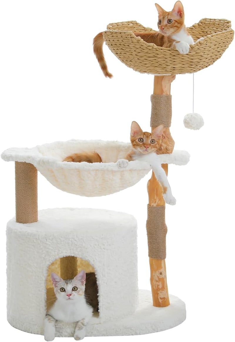 PETEPELA 102 cm modern macskakuckó nagy fonott kosárral, hálóval és barlangokkal