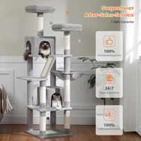 PETEPELA 180 cm Többszintes Macskabútor Nagyméretű Cicáknak - 6 Szizál Oszlop, Kaparófal, Függőágy, Játéklabdák, Szürke 8