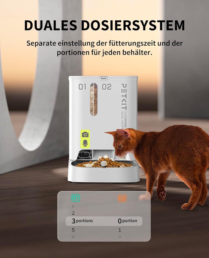 PETKIT Automata Macskaeledel Adagoló 2 Tálcával és Kamerával, 5L Kapacitás