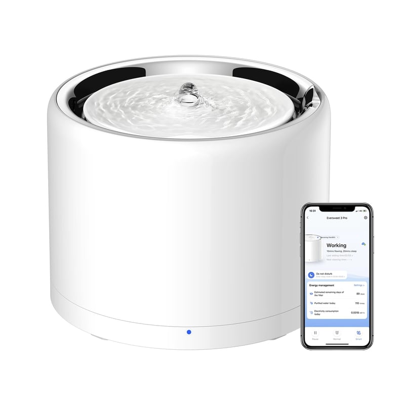 PETKIT automatska bežična fontana za vodu 1,8 l, nehrđajući čelik, s Bluetooth aplikacijom, za mačke i pse, bijela, s noćnim načinom rada