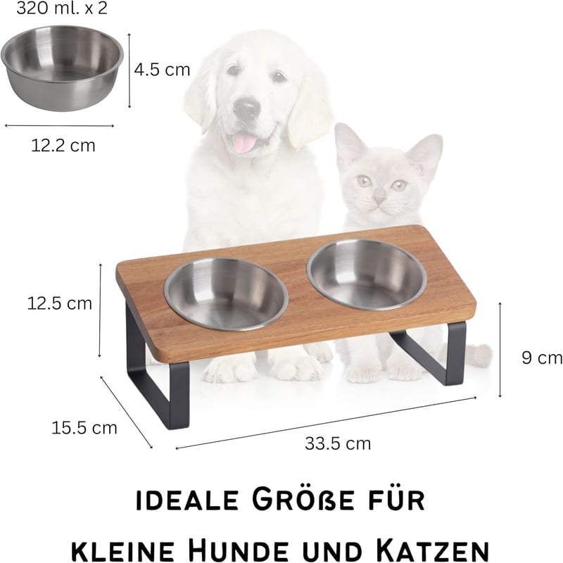 PETLINUS Emelt Macska Tálca Rozsdamentes Acacia Fa Állvánnyal
