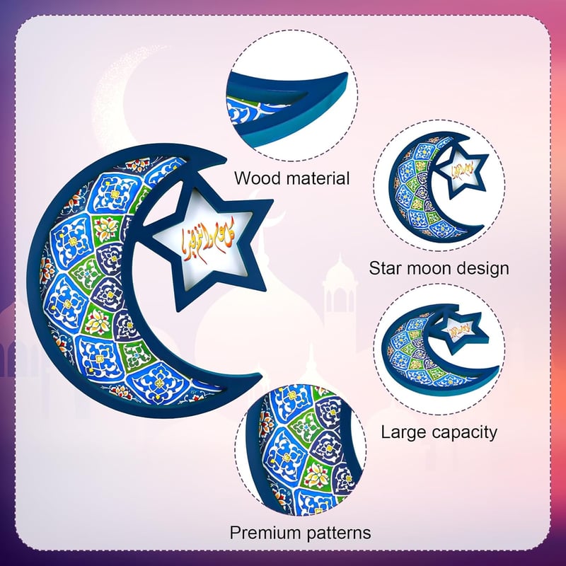 PEUTIER Fa Ramadán Tálca Holddal és Csillaggal, Eid Mubarak Dekoráció