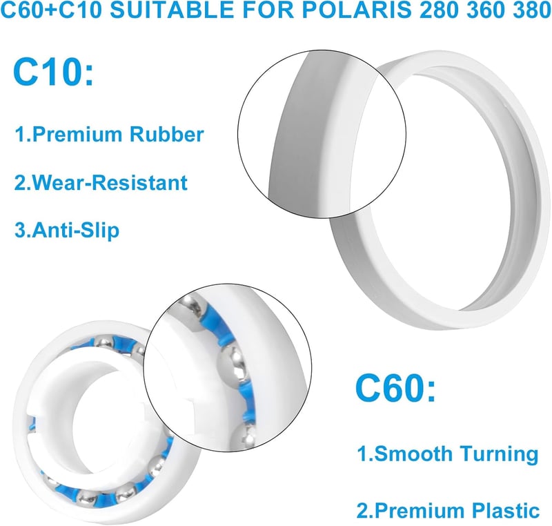 PEUTIER Medencetisztító Kerék és Csapágy Készlet - 8 db C60 Csapágy és 3 db C10 Gumi Abroncs - Polaris 180 280 360 380 Modellekhez Kompatibi
