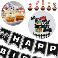 PEUTIER Versenyautó Szülinapi Dekoráció Banner Fekete-Fehér Cupcake Díszítéssel 4