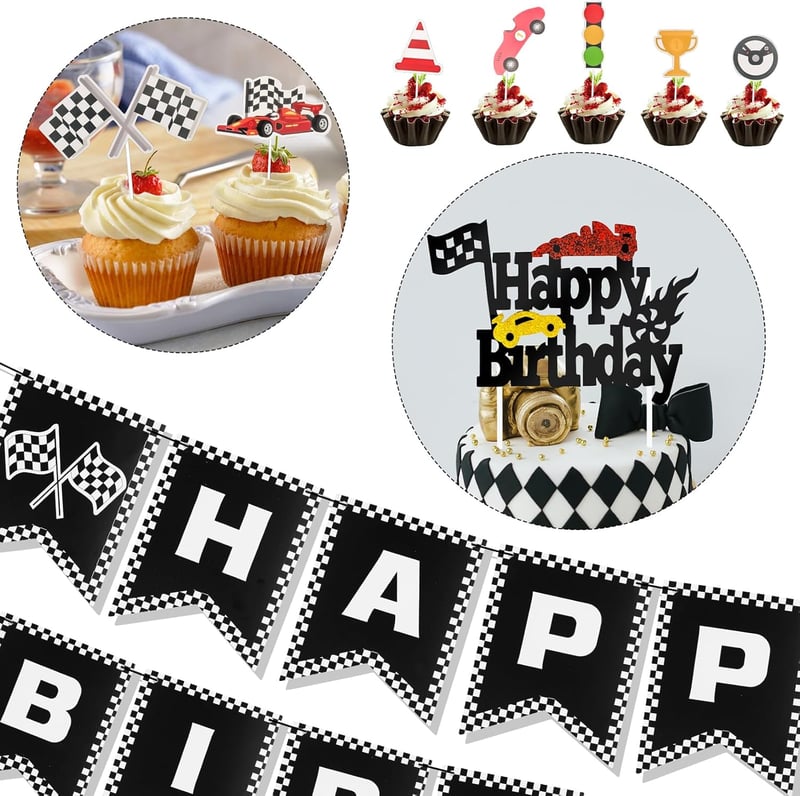 PEUTIER Versenyautó Szülinapi Dekoráció Banner Fekete-Fehér Cupcake Díszítéssel