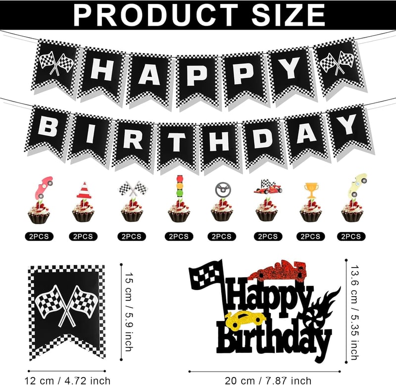 PEUTIER Versenyautó Szülinapi Dekoráció Banner Fekete-Fehér Cupcake Díszítéssel