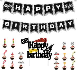 PEUTIER Versenyautó Happy Birthday banner fekete-fehér cupcake dekorral