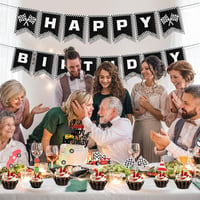 PEUTIER Versenyautó Szülinapi Dekoráció Banner Fekete-Fehér Cupcake Díszítéssel 7