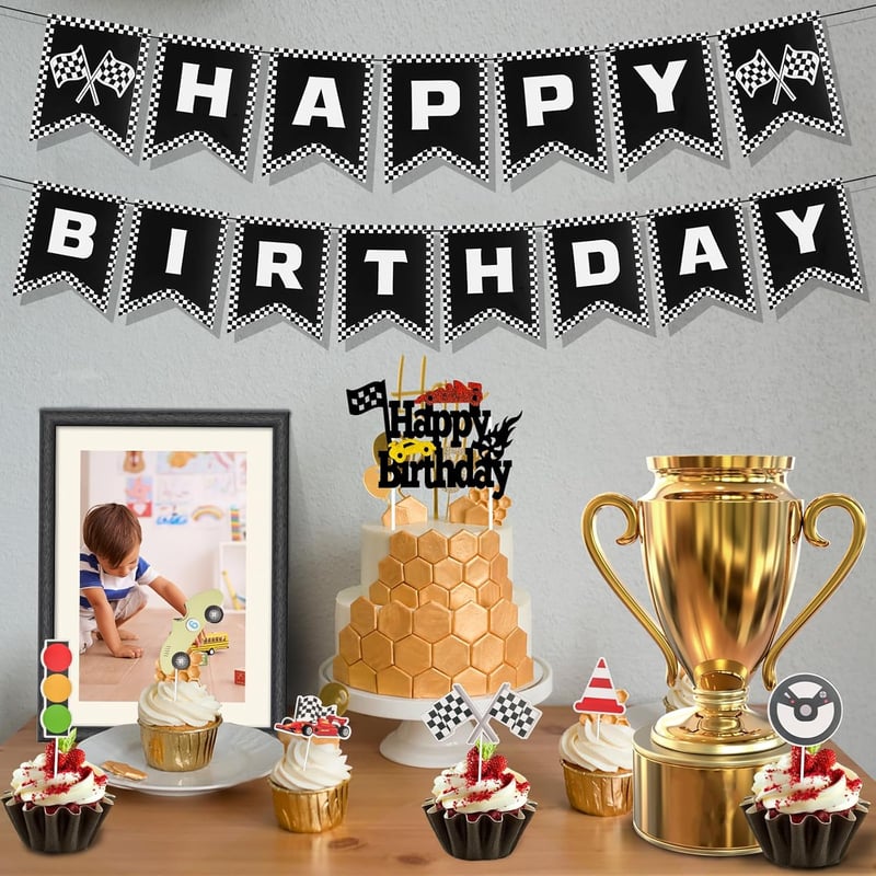 PEUTIER Versenyautó Szülinapi Dekoráció Banner Fekete-Fehér Cupcake Díszítéssel