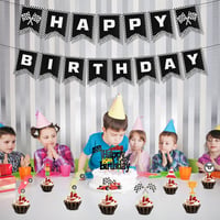 PEUTIER Versenyautó Szülinapi Dekoráció Banner Fekete-Fehér Cupcake Díszítéssel 6