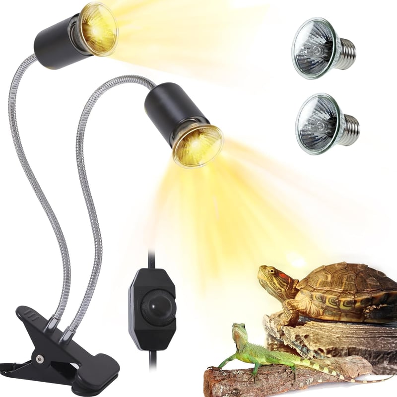 Lampă de terariu cu cap dublu PewinGo pentru reptile, reglabilă, cu 2 becuri halogen de 50W
