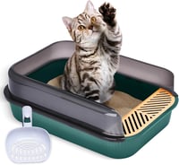 Litieră pentru pisici Pfotenolymp cu design deschis, pentru nisip aglomerant, cu rampă anti-scurgere și margine extinsă, verde închis, până la 3,6 kg 1