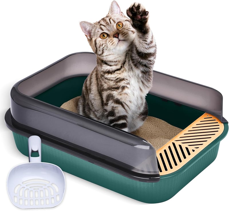 Litieră pentru pisici Pfotenolymp cu design deschis, pentru nisip aglomerant, cu rampă anti-scurgere și margine extinsă, verde închis, până la 3,6 kg