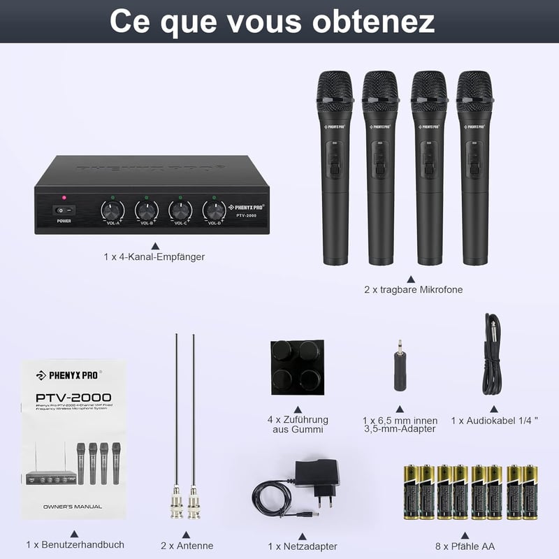 Phenyx Pro 4 csatornás VHF vezeték nélküli mikrofon szett 4 kézi mikrofonnal