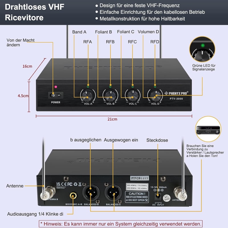 Phenyx Pro 4 csatornás VHF vezeték nélküli mikrofon szett 4 kézi mikrofonnal
