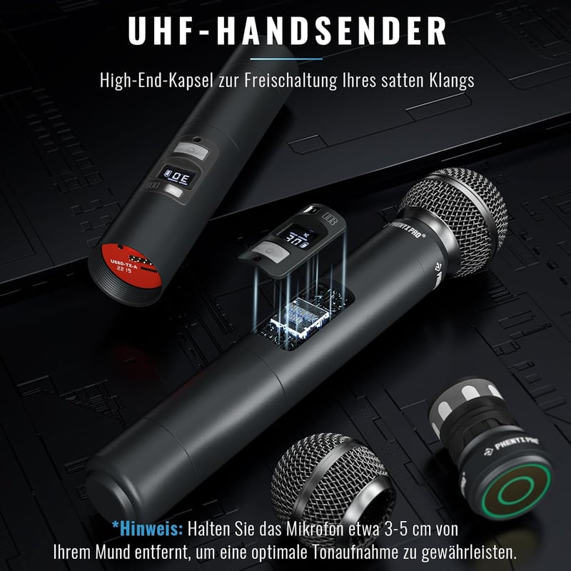 Phenyx Pro 8 Csatornás Vezeték Nélküli Mikrofonrendszer 8 Kézi Mikrofonnal, 40 UHF Frekvencia, 100m Hatótáv, Énekléshez, Karaokéhoz, Rendezv