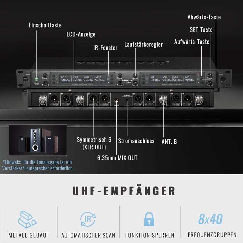 Phenyx Pro 8 Csatornás Vezeték Nélküli Mikrofonrendszer 8 Kézi Mikrofonnal, 40 UHF Frekvencia, 100m Hatótáv, Énekléshez, Karaokéhoz, Rendezv