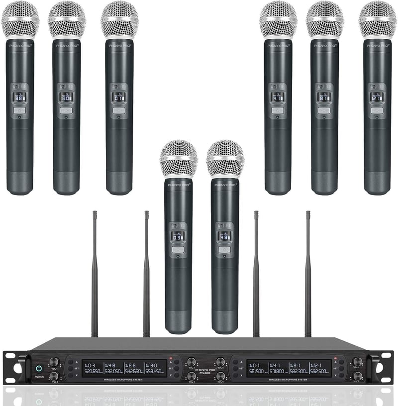 Phenyx Pro 8 Csatornás Vezeték Nélküli Mikrofonrendszer 8 Kézi Mikrofonnal, 40 UHF Frekvencia, 100m Hatótáv, Énekléshez, Karaokéhoz, Rendezv