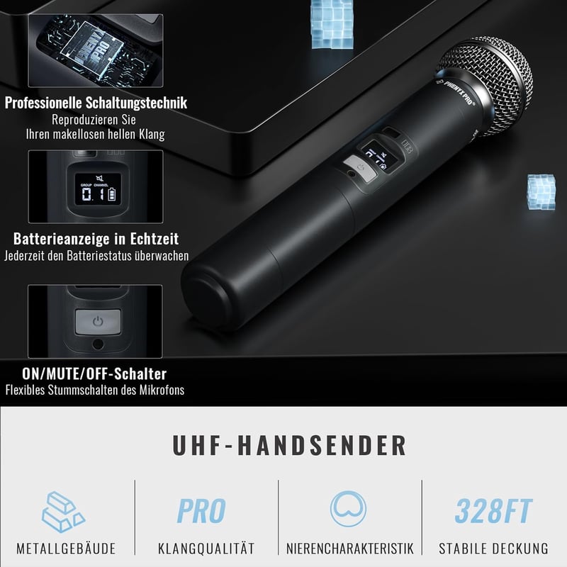 Phenyx Pro 8 Csatornás Vezeték Nélküli Mikrofonrendszer 8 Kézi Mikrofonnal, 40 UHF Frekvencia, 100m Hatótáv, Énekléshez, Karaokéhoz, Rendezv