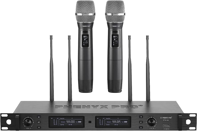 Phenyx Pro PTU-2U Vezeték Nélküli Mikrofon Szett, Dupla Kézi Mikrofon, UHF Technológia, 1000 Csatorna, 100m Hatótáv, Stúdió és Színpad