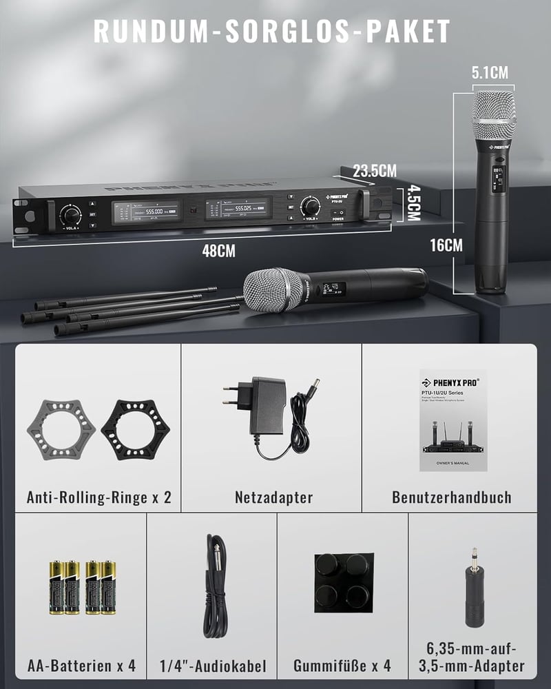 Phenyx Pro PTU-2U Vezeték Nélküli Mikrofon Szett, Dupla Kézi Mikrofon, UHF Technológia, 1000 Csatorna, 100m Hatótáv, Stúdió és Színpad
