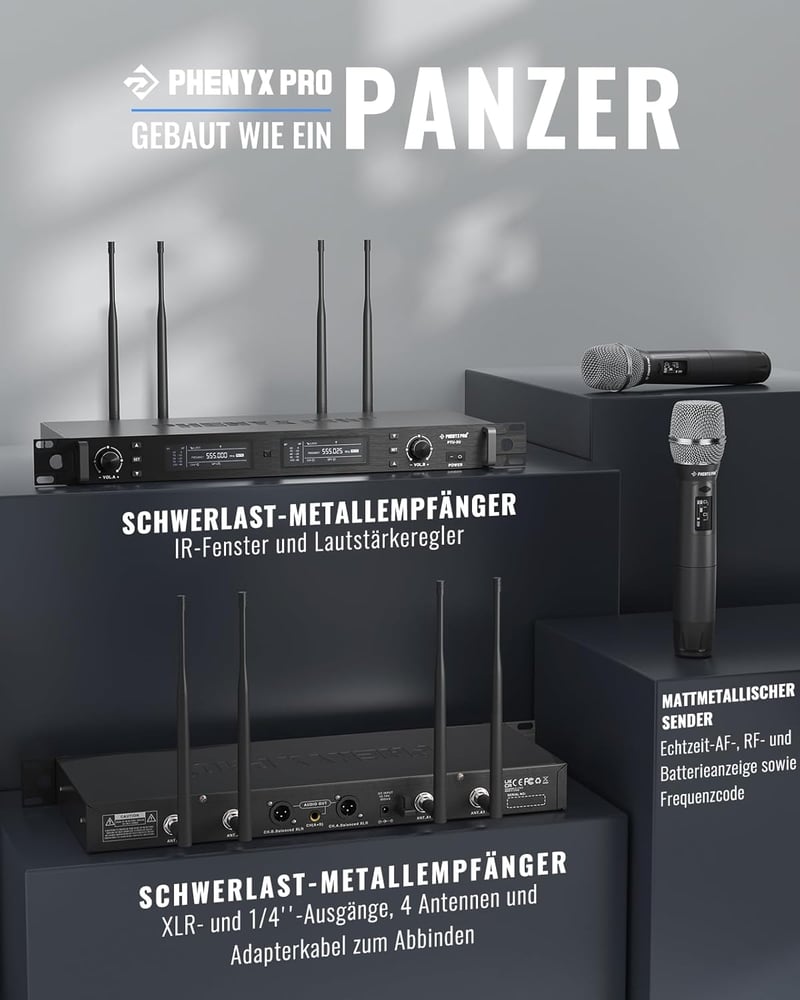 Phenyx Pro PTU-2U Vezeték Nélküli Mikrofon Szett, Dupla Kézi Mikrofon, UHF Technológia, 1000 Csatorna, 100m Hatótáv, Stúdió és Színpad