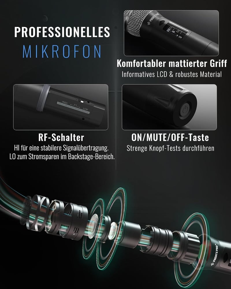 Phenyx Pro PTU-2U Vezeték Nélküli Mikrofon Szett, Dupla Kézi Mikrofon, UHF Technológia, 1000 Csatorna, 100m Hatótáv, Stúdió és Színpad