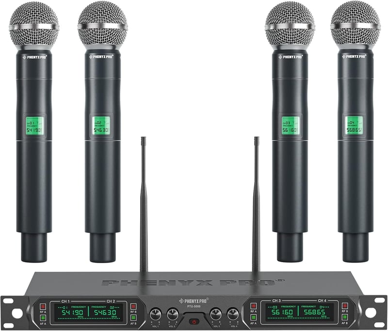 Phenyx Pro PTU-5000A Vezeték Nélküli Mikrofon Szett - 4 Csatornás UHF Kézi Mikrofon Rendszer Karaokéhoz, Rendezvényekhez, 260 Méteres Hatótá