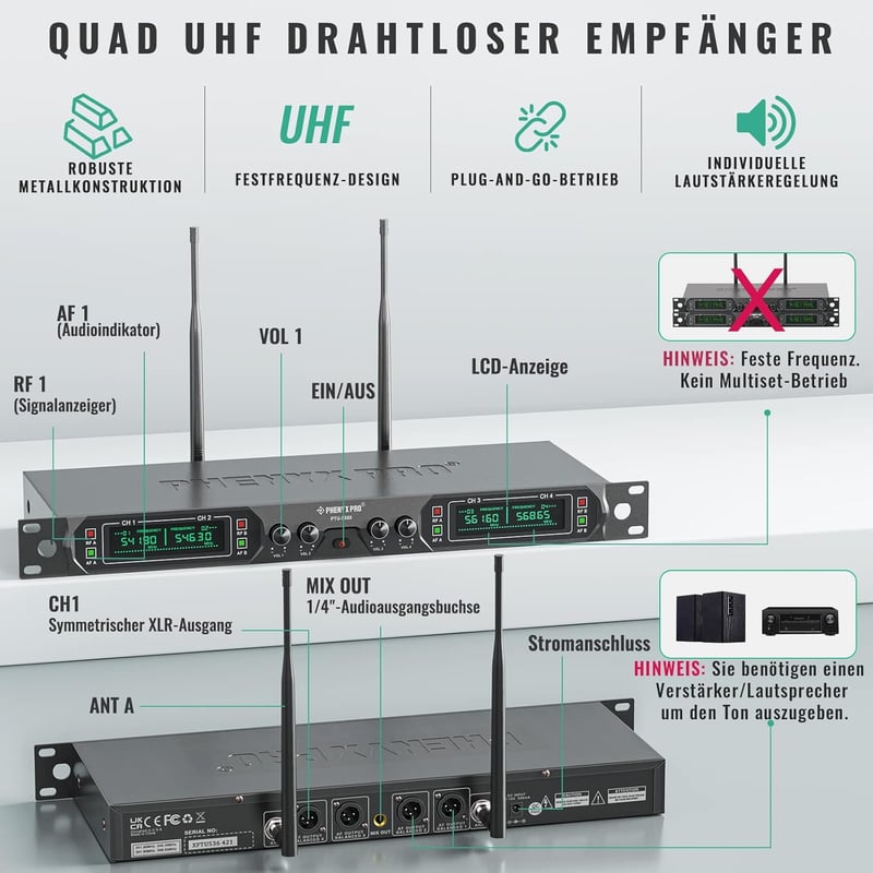Phenyx Pro PTU-5000B 4 Csatornás UHF Vezeték Nélküli Mikrofon Szett - Kézi/Zseb/Fejpántos/Csíptetős Mikrofonokkal, 260 Láb Hatótáv, Karaoke,
