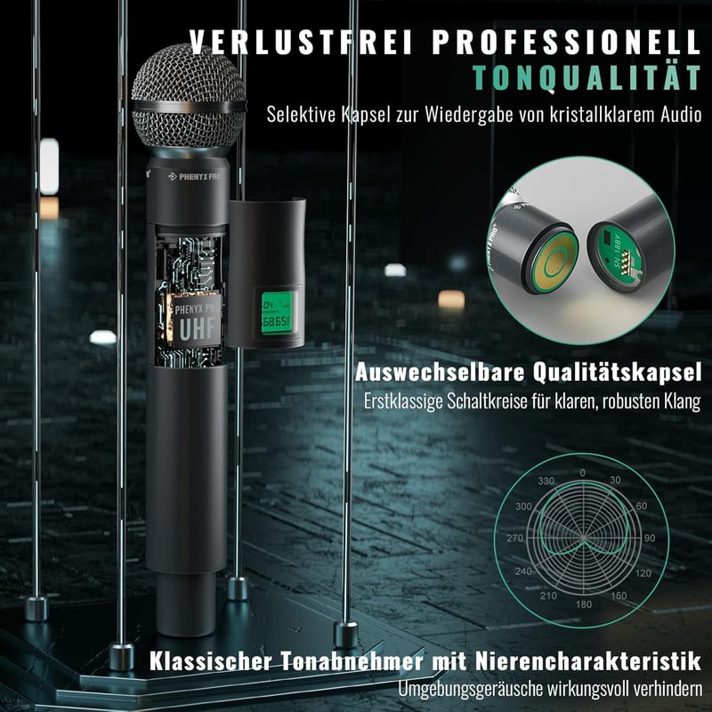 Phenyx Pro PTU-5000B 4 Csatornás UHF Vezeték Nélküli Mikrofon Szett - Kézi/Zseb/Fejpántos/Csíptetős Mikrofonokkal, 260 Láb Hatótáv, Karaoke,