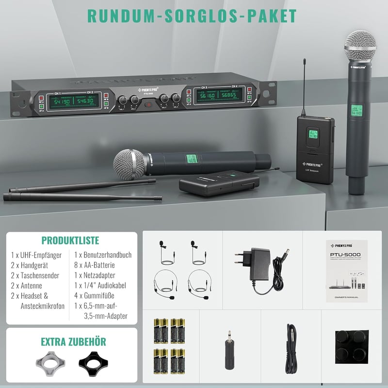 Phenyx Pro PTU-5000B 4 Csatornás UHF Vezeték Nélküli Mikrofon Szett - Kézi/Zseb/Fejpántos/Csíptetős Mikrofonokkal, 260 Láb Hatótáv, Karaoke,