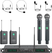 Phenyx Pro PTU-5000B 4 Csatornás UHF Vezeték Nélküli Mikrofon Szett - Kézi/Zseb/Fejpántos/Csíptetős Mikrofonokkal, 260 Láb Hatótáv, Karaoke, 1