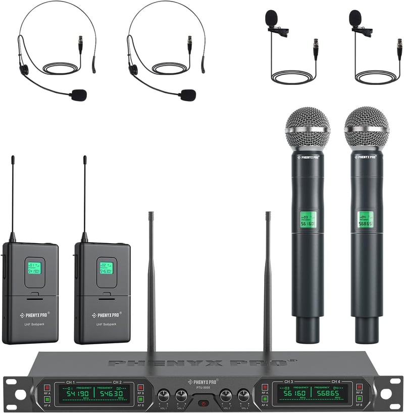 Phenyx Pro PTU-5000B 4 Csatornás UHF Vezeték Nélküli Mikrofon Szett - Kézi/Zseb/Fejpántos/Csíptetős Mikrofonokkal, 260 Láb Hatótáv, Karaoke,