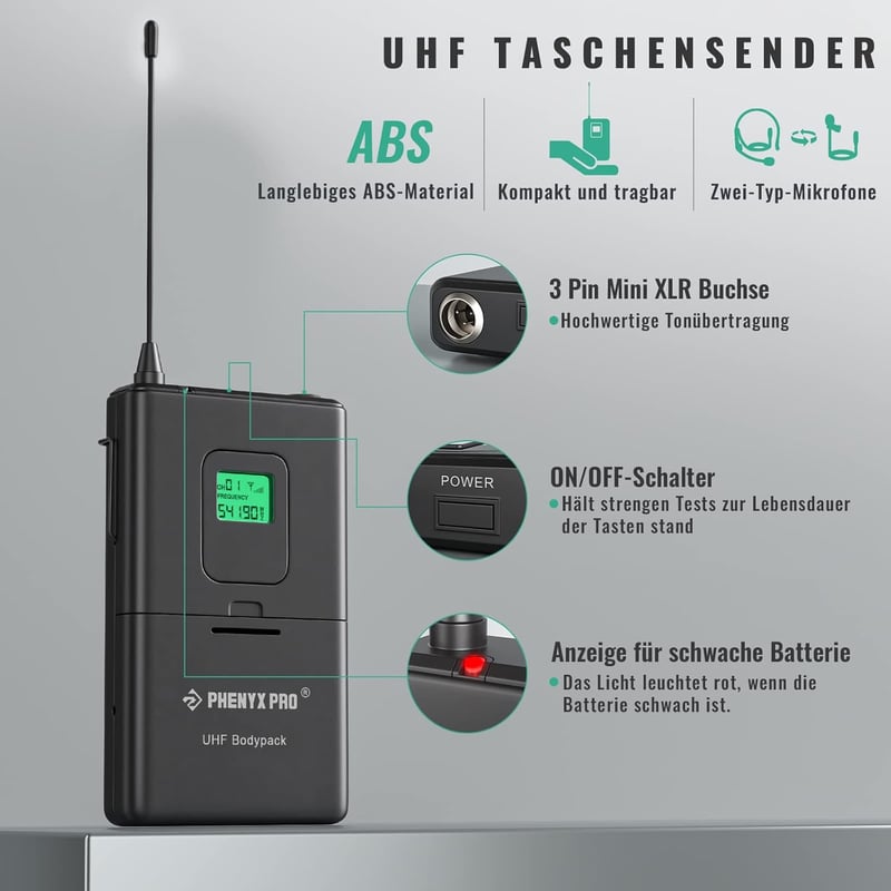 Phenyx Pro PTU-5000B 4 Csatornás UHF Vezeték Nélküli Mikrofon Szett - Kézi/Zseb/Fejpántos/Csíptetős Mikrofonokkal, 260 Láb Hatótáv, Karaoke,