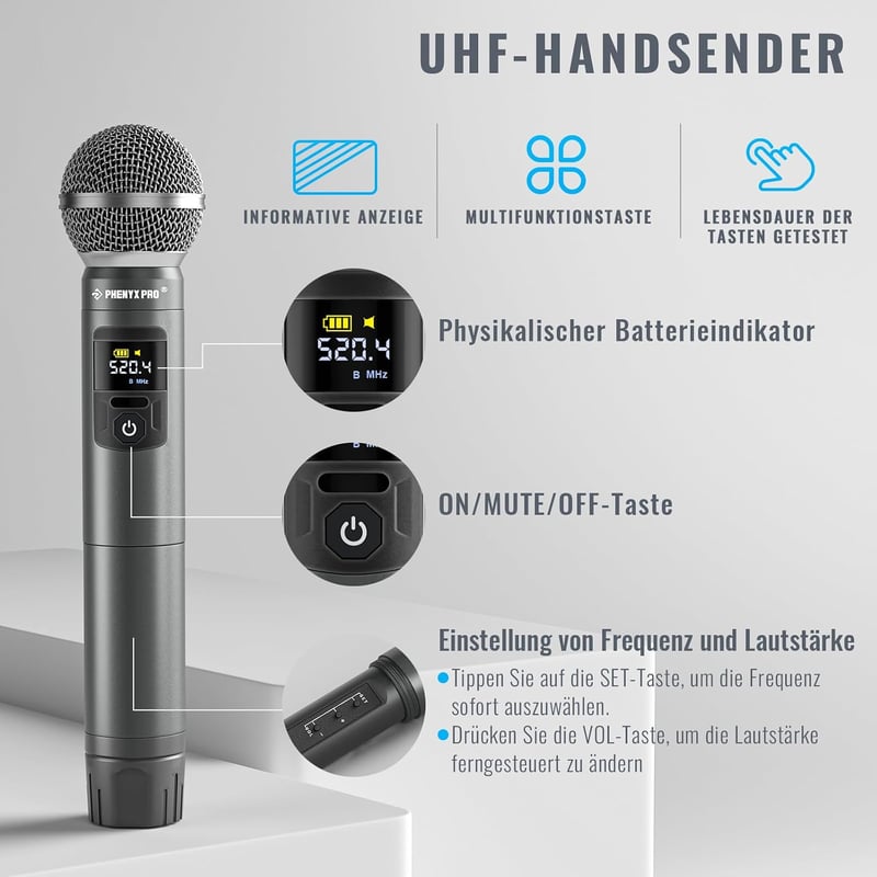 Phenyx Pro PTU-52 Vezeték nélküli mikrofon szett, 2x UHF, 200m hatótáv