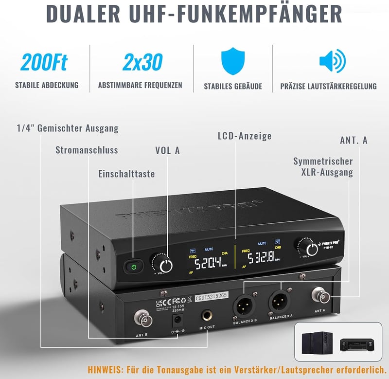 Phenyx Pro PTU-52 Vezeték nélküli mikrofon szett, 2x UHF, 200m hatótáv