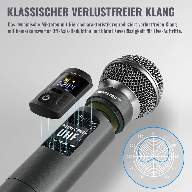 Phenyx Pro PTU-52 Vezeték nélküli mikrofon szett, 2x UHF, 200m hatótáv
