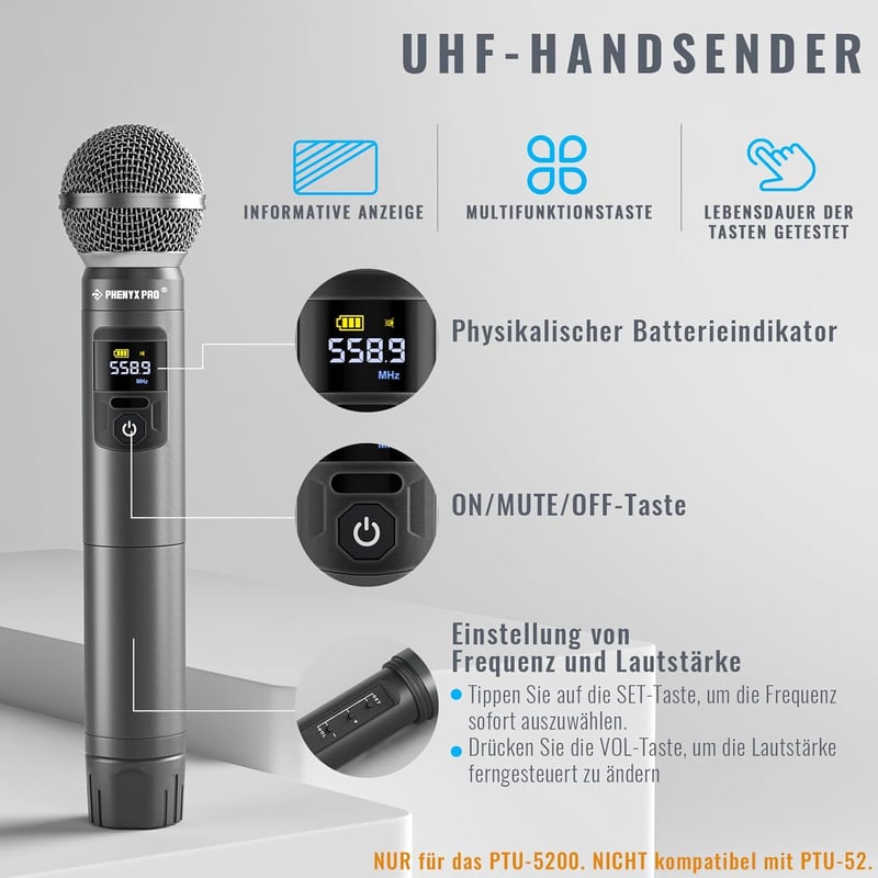 Phenyx Pro PTU-5200 Vezeték Nélküli Mikrofon Szett 4 Mikrofonnal, 25 UHF Frekvenciával, 60m Hatótávval - DJ, Karaoke, Rendezvény, Templom