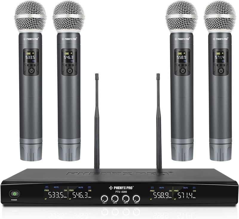 Phenyx Pro PTU-5200 Vezeték Nélküli Mikrofon Szett 4 Mikrofonnal, 25 UHF Frekvenciával, 60m Hatótávval - DJ, Karaoke, Rendezvény, Templom