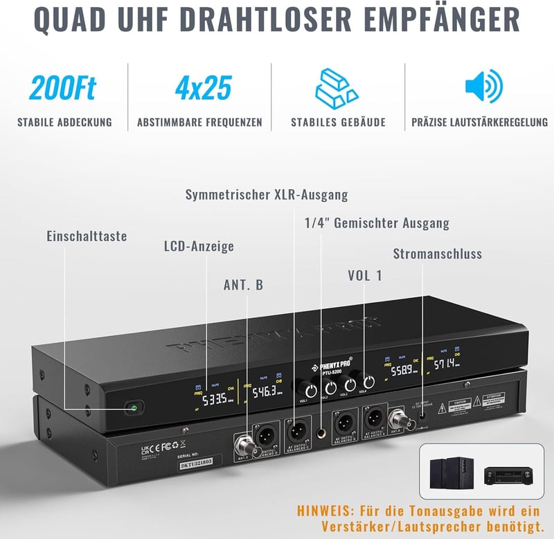 Phenyx Pro PTU-5200 Vezeték Nélküli Mikrofon Szett 4 Mikrofonnal, 25 UHF Frekvenciával, 60m Hatótávval - DJ, Karaoke, Rendezvény, Templom