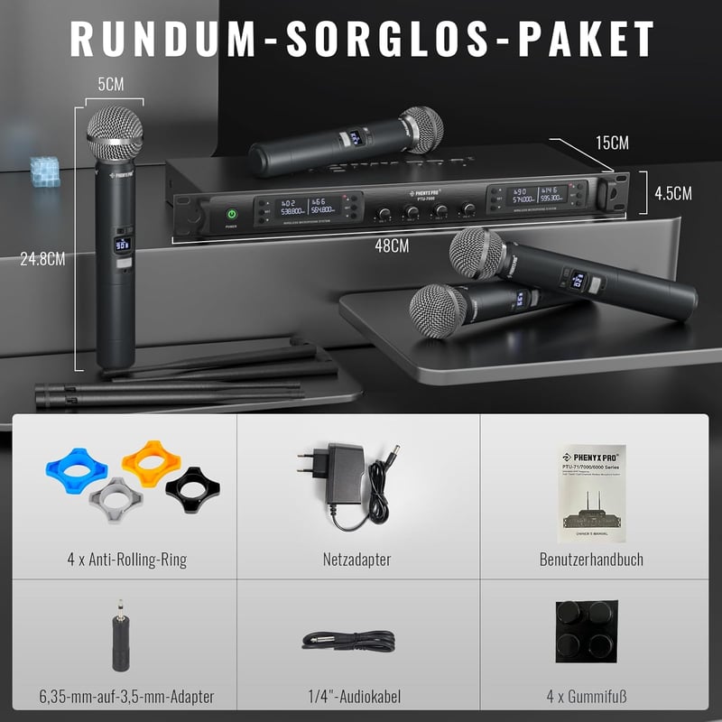 Phenyx Pro PTU-7000-4H Vezeték Nélküli Mikrofonrendszer, 4 Kézi Mikrofon, 160 Csatorna, 100m Hatótáv, Auto Scan, Karaoke, Rendezvény, Templo