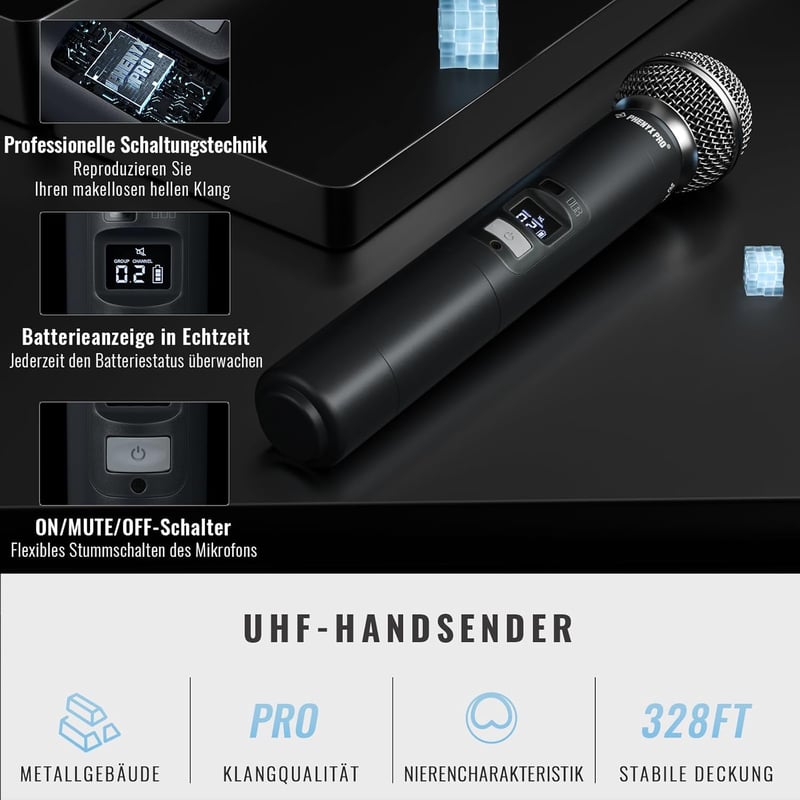 Phenyx Pro PTU-7000-4H Vezeték Nélküli Mikrofonrendszer, 4 Kézi Mikrofon, 160 Csatorna, 100m Hatótáv, Auto Scan, Karaoke, Rendezvény, Templo