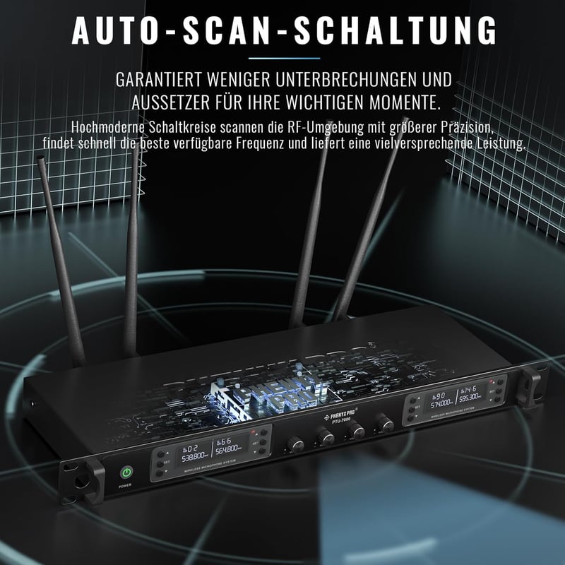 Phenyx Pro PTU-7000-4H Vezeték Nélküli Mikrofonrendszer, 4 Kézi Mikrofon, 160 Csatorna, 100m Hatótáv, Auto Scan, Karaoke, Rendezvény, Templo