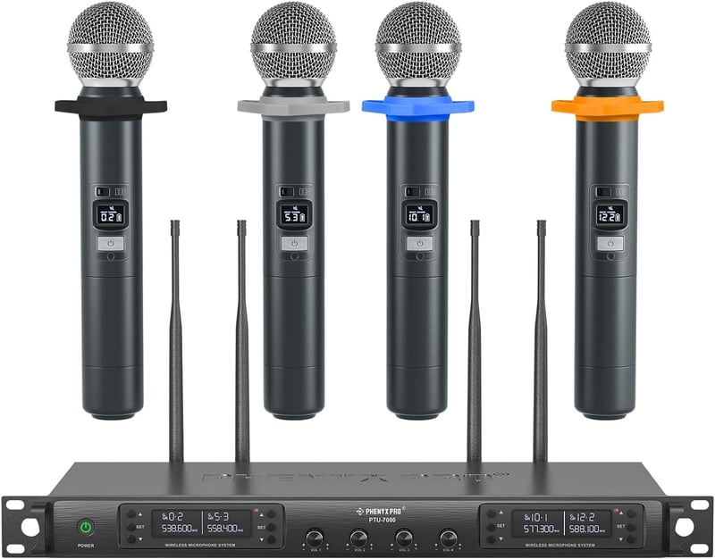 Phenyx Pro PTU-7000-4H Vezeték Nélküli Mikrofonrendszer, 4 Kézi Mikrofon, 160 Csatorna, 100m Hatótáv, Auto Scan, Karaoke, Rendezvény, Templo